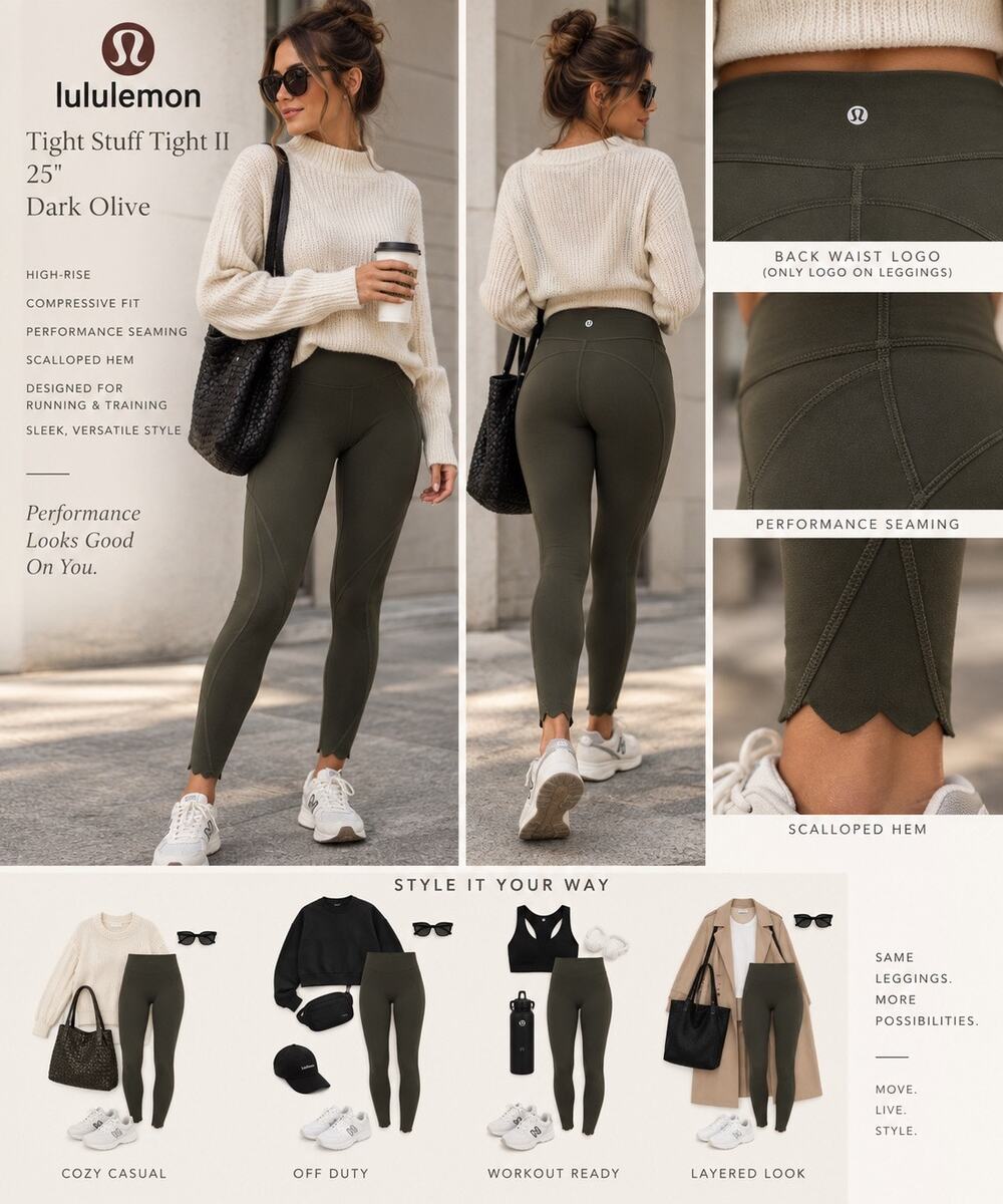 Lululemon Tight Stuff Tight II 25” Leggings Size 6 Dark Olive Scalloped Hem
